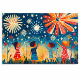 Whimsical Folk Art of Children Watching Fireworks on 4th of July Night, Playful Patriotic Scene with Stars, Bursts of Color, and Red, White, and Blue Outfits on Ready to Hang 1.5" Thick Canvas Wrap, Floating Framed Canvas, Flat Rolled Canvas